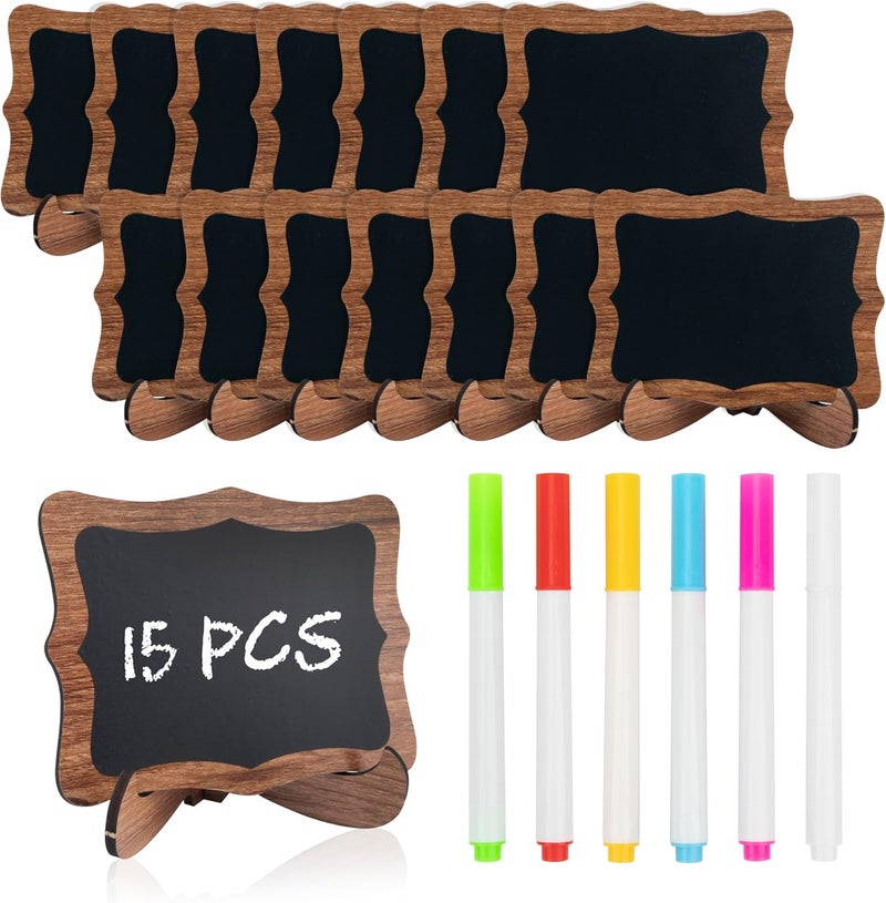 Temlum 15 Pcs Mini Chalkboard Sign with 6 Color Chalk Markers, 2.9″ x 3.9″ Wooden Blackboard Reusable Small Chalkboards for Food, Buffet, Parties, Message Boards, Table Numbers (Wavy Shaped) - Image 1